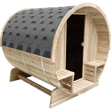 Load image into Gallery viewer, Outdoor Pine Barrel Sauna with Bitumen Shingle Roofing - 6 Person - 6 kW Harvia KIP Heater
