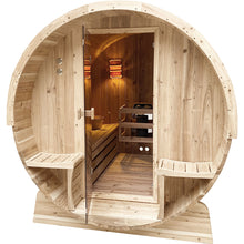 Load image into Gallery viewer, Outdoor Pine Barrel Sauna with Bitumen Shingle Roofing - 6 Person - 6 kW Harvia KIP Heater