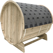 Load image into Gallery viewer, Outdoor Pine Barrel Sauna with Bitumen Shingle Roofing - 6 Person - 6 kW Harvia KIP Heater