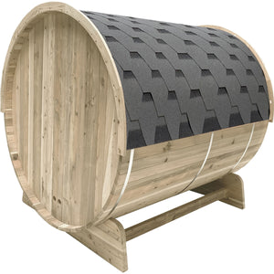 Outdoor Pine Barrel Sauna with Bitumen Shingle Roofing - 6 Person - 6 kW Harvia KIP Heater