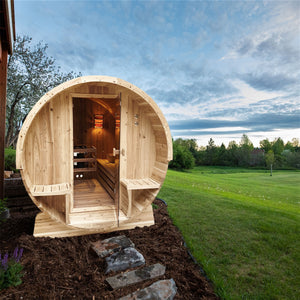Outdoor Pine Barrel Sauna with Bitumen Shingle Roofing - 6 Person - 6 kW Harvia KIP Heater