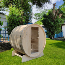 Load image into Gallery viewer, Outdoor Pine Barrel Sauna with Bitumen Shingle Roofing - 8 Person - 8 kW Harvia KIP Heater