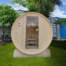 Load image into Gallery viewer, Outdoor Pine Barrel Sauna with Bitumen Shingle Roofing - 8 Person - 8 kW Harvia KIP Heater