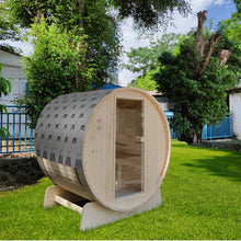Load image into Gallery viewer, Outdoor Pine Barrel Sauna with Bitumen Shingle Roofing - 8 Person - 8 kW Harvia KIP Heater