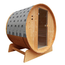 Load image into Gallery viewer, Outdoor Rustic Cedar Barrel Steam Sauna with Bitumen Shingle Roofing - 4 Person - 4.5 kW Harvia KIP Heater