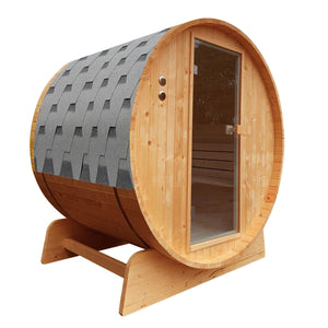 Outdoor Rustic Cedar Barrel Steam Sauna with Bitumen Shingle Roofing - 4 Person - 4.5 kW Harvia KIP Heater