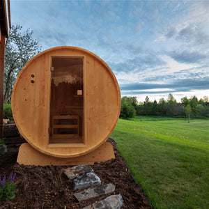 Outdoor Rustic Cedar Barrel Steam Sauna with Bitumen Shingle Roofing - 4 Person - 4.5 kW Harvia KIP Heater