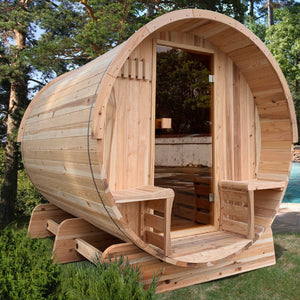 Outdoor Rustic Cedar Barrel Sauna with Panoramic View and Bitumen Shingle Roofing - 4 Person - 4.5 kW ETL Certified Heater