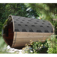 Load image into Gallery viewer, Outdoor Rustic Cedar Barrel Sauna with Panoramic View and Bitumen Shingle Roofing - 4 Person - 4.5 kW ETL Certified Heater