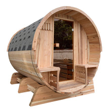 Load image into Gallery viewer, Outdoor Rustic Cedar Barrel Sauna with Panoramic View and Bitumen Shingle Roofing - 4 Person - 4.5 kW ETL Certified Heater