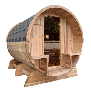 Outdoor Rustic Cedar Barrel Sauna with Panoramic View and Bitumen Shingle Roofing - 4 Person - 4.5 kW ETL Certified Heater