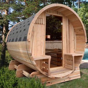 Outdoor Rustic Cedar Barrel Sauna with Panoramic View and Bitumen Shingle Roofing - 4 Person - 4.5 kW ETL Certified Heater