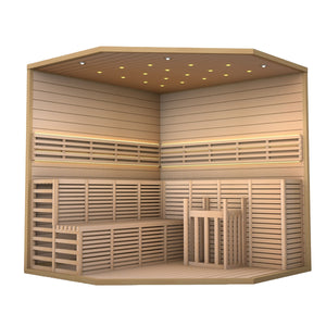 Canadian Hemlock Luxury Indoor Wet Dry Sauna with LED Lights - 6 kW Harvia KIP Heater - 5 to 6 Person