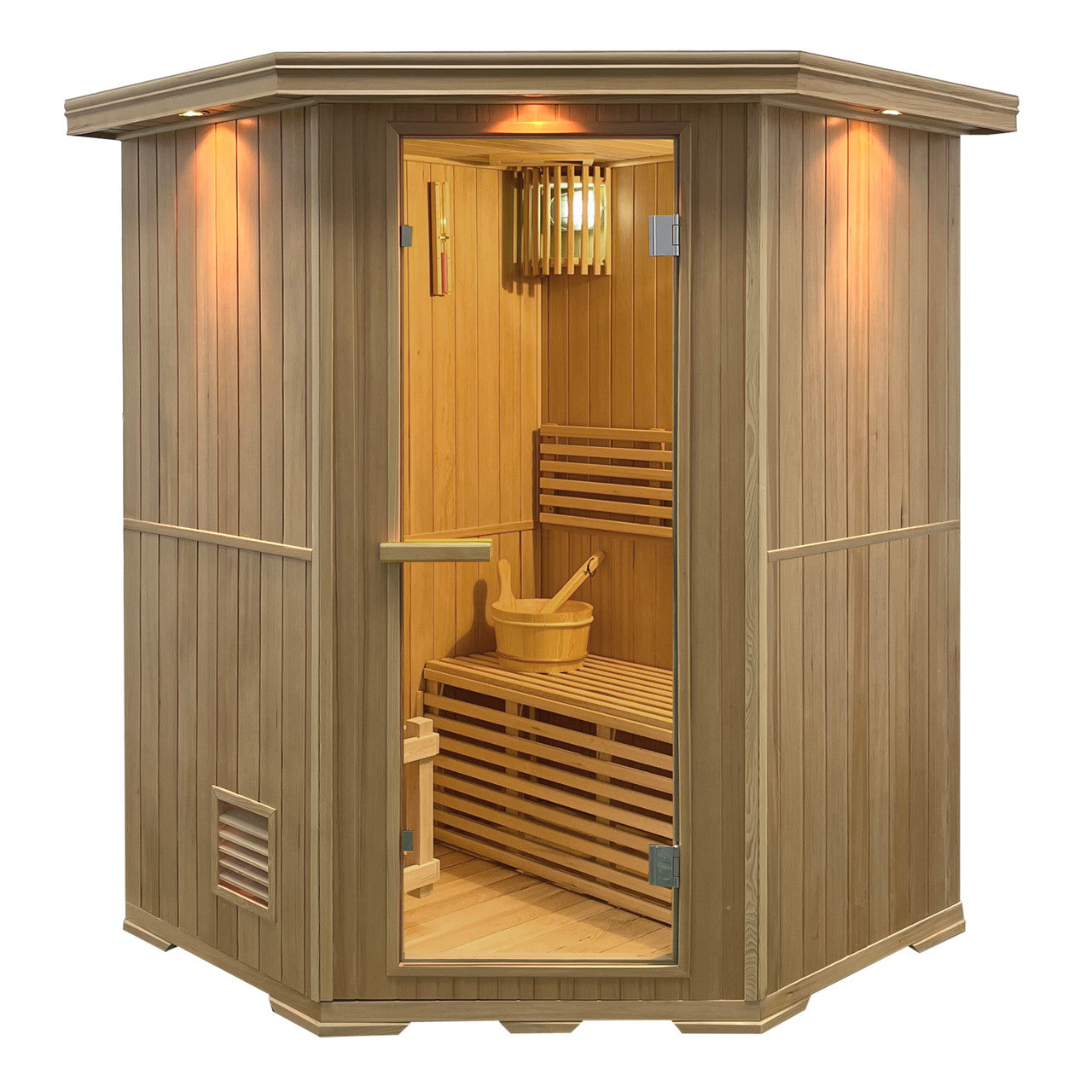 Canadian Hemlock Wet Dry Indoor Sauna - 4.5 kW Harvia KIP Heater - 4 Person