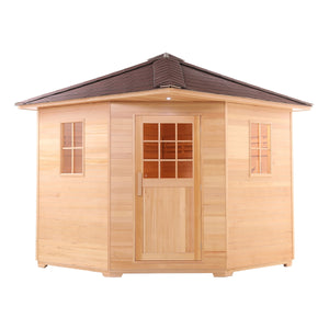 Canadian Hemlock Wet Dry Outdoor Sauna with Asphalt Roof - 6 kW Harvia KIP Heater - 5 Person