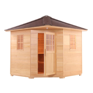 Canadian Hemlock Wet Dry Outdoor Sauna with Asphalt Roof - 6 kW Harvia KIP Heater - 5 Person