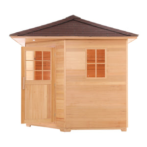 Canadian Hemlock Wet Dry Outdoor Sauna with Asphalt Roof - 6 kW Harvia KIP Heater - 5 Person