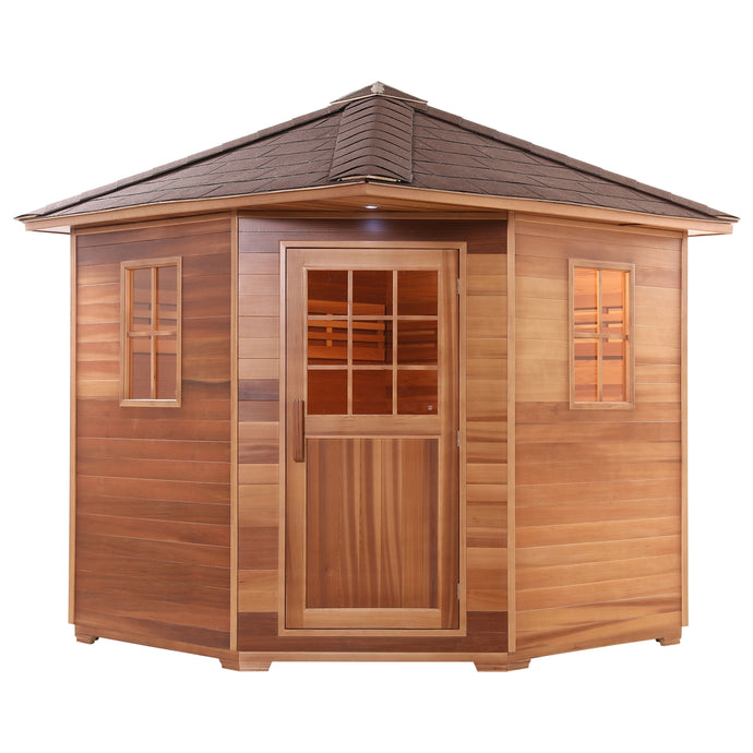 Canadian Cedar Wet Dry Outdoor Sauna with Asphalt Roof - 6 kW Harvia KIP Heater - 5 Person