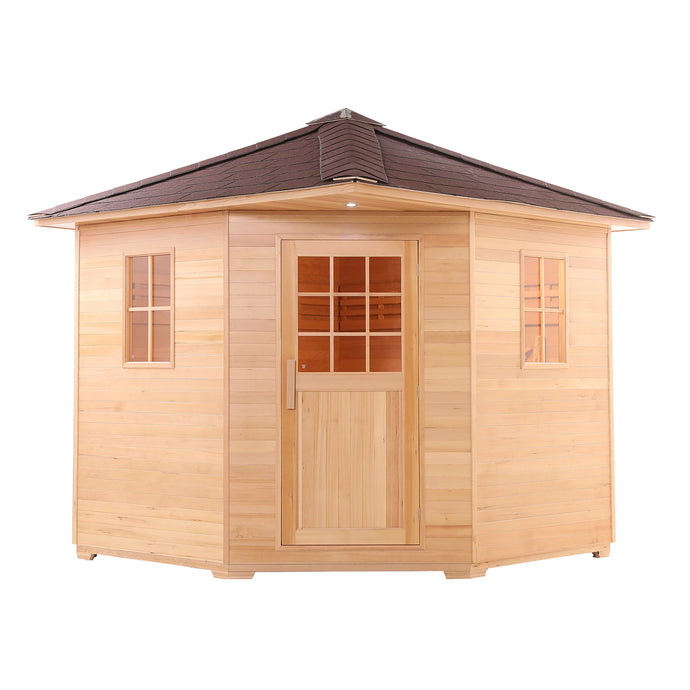 Canadian Hemlock Wet Dry Outdoor Sauna with Asphalt Roof - 8 kW Harvia KIP Heater - 8 Person