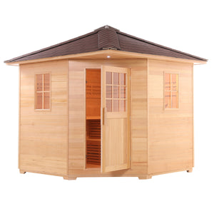 Canadian Hemlock Wet Dry Outdoor Sauna with Asphalt Roof - 8 kW Harvia KIP Heater - 8 Person