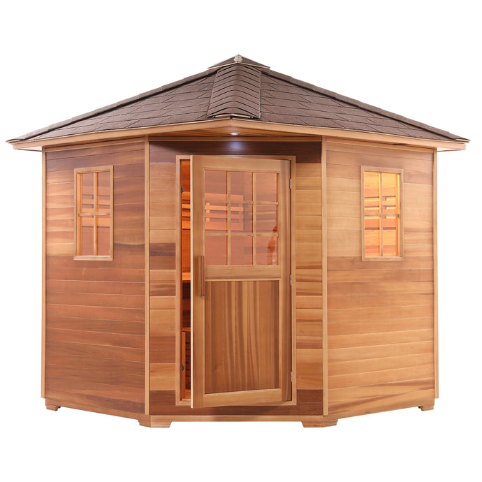 Canadian Cedar Wet Dry Outdoor Sauna with Asphalt Roof - 8 kW Harvia KIP Heater - 8 Person