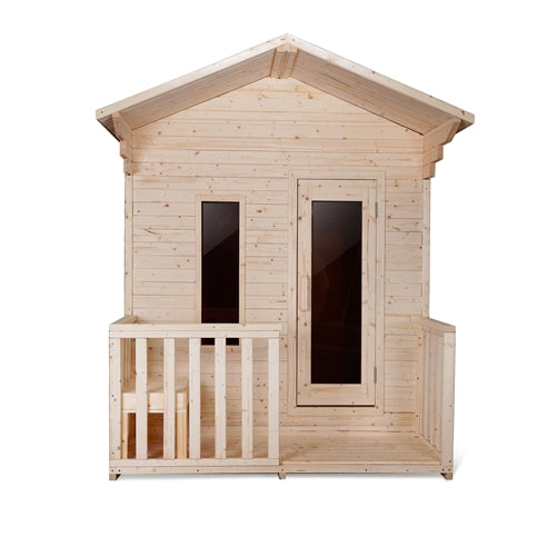 Outdoor White Pine Steam Sauna - Fenced Front Porch - 8 kW Harvia KIP Heater - 4 Person