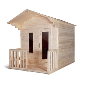 Outdoor White Pine Steam Sauna - Fenced Front Porch - 8 kW Harvia KIP Heater - 4 Person