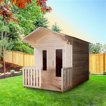 Load image into Gallery viewer, Outdoor White Pine Steam Sauna - Fenced Front Porch - 8 kW Harvia KIP Heater - 4 Person