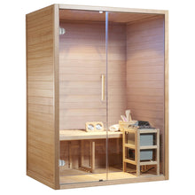 Load image into Gallery viewer, Canadian Hemlock Indoor Wet Dry Sauna - 3 kW Harvia KIP Heater - 3 Person