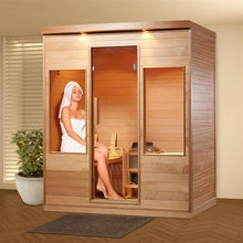 Load image into Gallery viewer, Canadian Hemlock Indoor Wet Dry Sauna with Exterior Lights - 4.5 kW Harvia KIP Heater - 4 Person