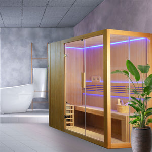 Canadian Hemlock Indoor Wet Dry Sauna with LED Lights - 4.5 kW Harvia KIP Heater - 3 to 4 Person