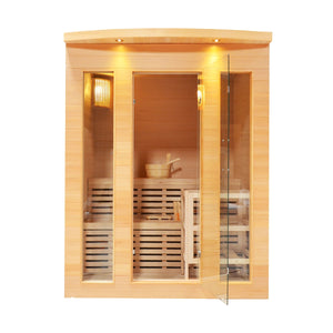 Canadian Hemlock Indoor Wet Dry Sauna with Exterior Lights - 4.5 kW Harvia KIP Heater - 4 Person