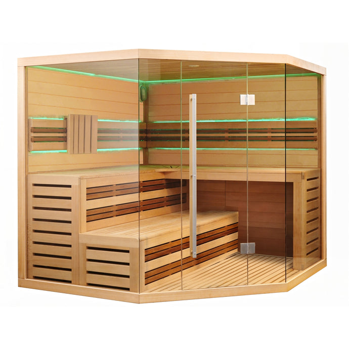 Canadian Hemlock Indoor Wet Dry Sauna with LED Lights - 6 kW Harvia KIP Heater - 6 Person