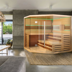 Canadian Hemlock Indoor Wet Dry Sauna with LED Lights - 6 kW Harvia KIP Heater - 6 Person