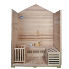 Load image into Gallery viewer, Canadian Hemlock Outdoor Wet Dry Sauna - 4.5 kW Harvia KIP Heater - Stone Finish - 4 Person